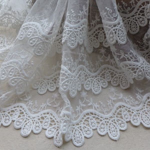 Retro Embroidered Lace Off white Layers Cotton Lace Trim Bridal Mesh Lace Fabric