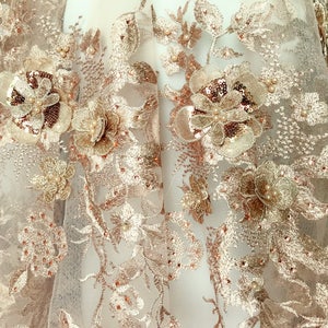 Champagne Gold Lace Applique Design Fabric, Chic Gold Flower Beading Embroidery Fabric by yard