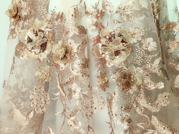 Champagne Gold Lace Applique Design Fabric, Chic Gold Flower Beading  Embroidery Fabric by yard