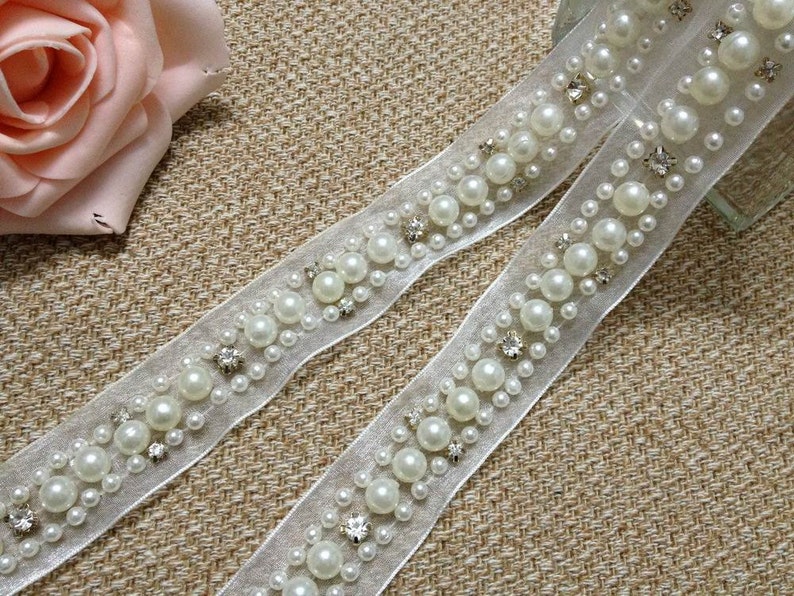 Pearl Beaded Trim Rhinestone Trim Ribbon Lace Trim for Etsy