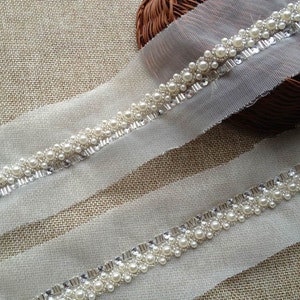 1 Yard Pearl Trim, Ivory Wedding Beaded Trim For Bridal, Dress, Sash, Headbands, Crafts