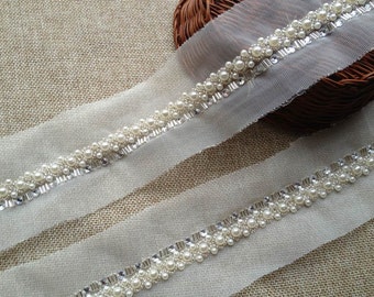 1 Yard Pearl Trim, Ivory Wedding Beaded Trim For Bridal, Dress, Sash, Headbands, Crafts