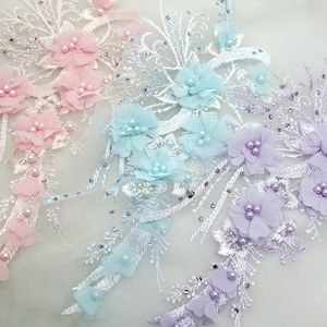3D Chiffon Flower Beaded Lace Applique for Evening Dress, Lyrical Dance, Wedding Garters, Headbands