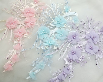 3D Chiffon Flower Beaded Lace Applique for Evening Dress, Lyrical Dance, Wedding Garters, Headbands