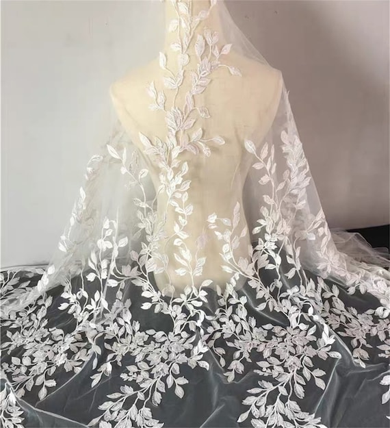 Off White 3D Floral Leaf Design, Fancy Embroidered Leaves Tulle  