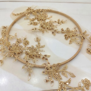 Gold Beaded Embroidery Flower Applique Pair for Lyrical Dance, Wedding Dress, Sashes or Costume Design