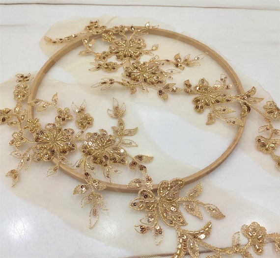 Gold Beaded Embroidery Flower Applique Pair for Lyrical Dance, Wedding Dress, Sashes or Costume Design