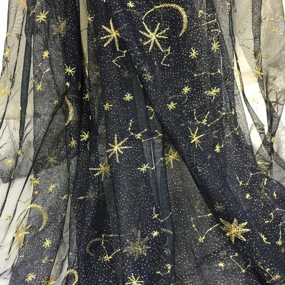 Gold Moon Stars Pattern Mesh Netting Fabric, Navy / Gray Mesh