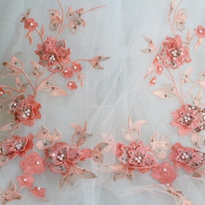 Pink Coral Lace Applique, 3D flower Lace Applique, Pearl Beaded Embroidered Lace, Flower Girl Dress Lace, Dancing Costume Lace