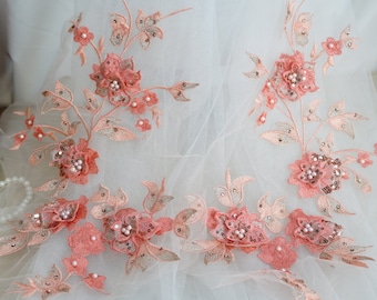 Pink Coral Lace Applique, 3D flower Lace Applique, Pearl Beaded Embroidered Lace, Flower Girl Dress Lace, Dancing Costume Lace