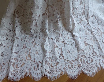 Ivory Chantilly Fabric, Rose Dentelle Trim, Scalloped Eyelash Edging Lace, Wedding Gown or Bridal Shawl Capelet Fabric by yard