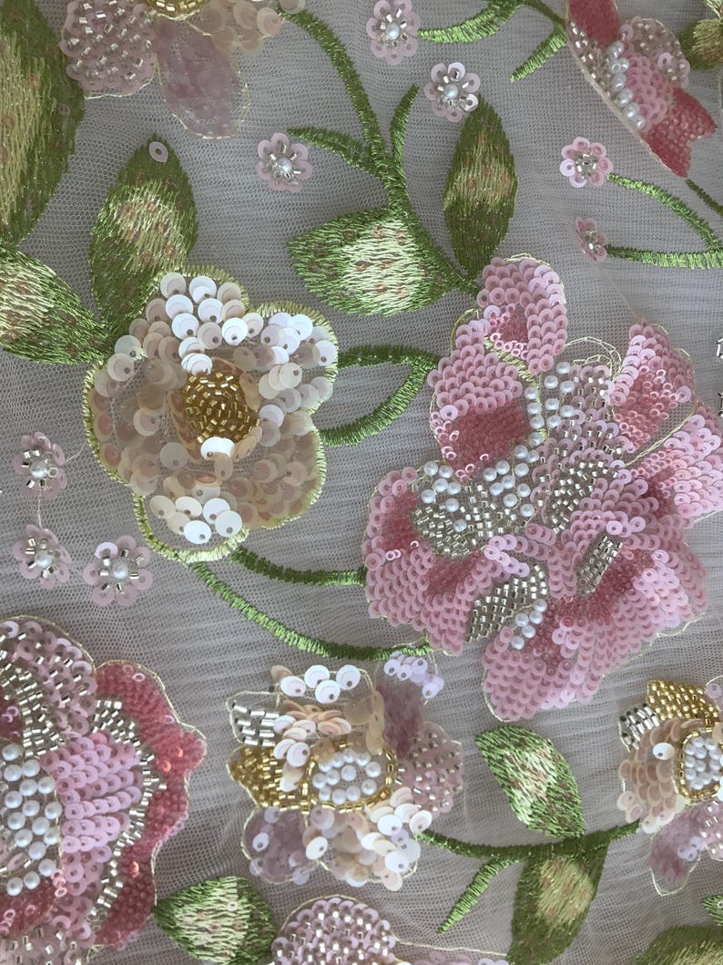 Flerfärgade pärlbroderade blommor med gröna bladtyg för miniklänning, balklänning, pärlbroderad brudklänning, formell klänning bild 11
