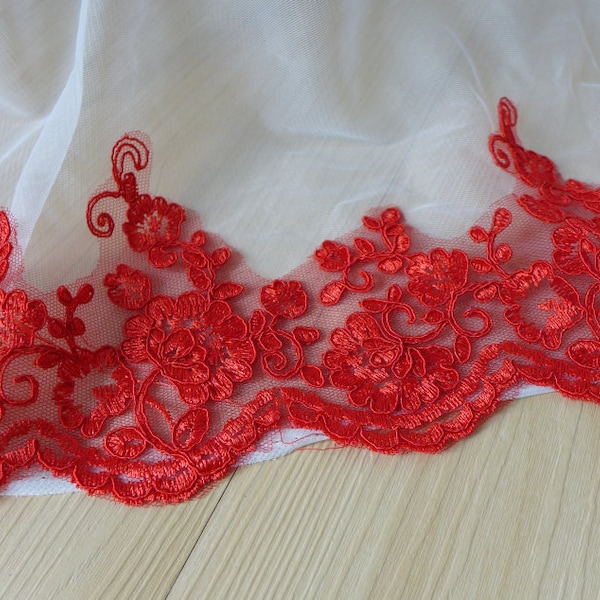 Red Color Alencon Lace Trim for DIY Wedding Veils Sashes Headwear Accessories Lace By Yard