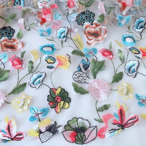 Multi-color Floral Flowers Embroidered Tulle Lace Fabric for Girls ...