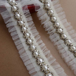 Ivory Lace Trim, Beads with Rhinestone Trims, Bridal Wedding Belts, Headbands, Dress or Costume Design