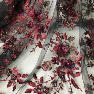Burgundy Lace Fabric Beaded Applique Black Tulle Fabric 3D Flowers Lace Fabric By The Yard
