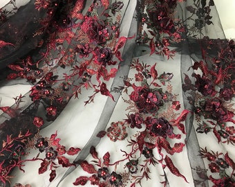Burgundy Lace Fabric Beaded Applique Black Tulle Fabric 3D Flowers Lace Fabric By The Yard