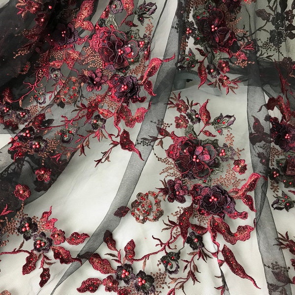 Tissu en dentelle bordeaux avec perles et appliqués Tulle noir Fleurs 3D Tissu par mètre