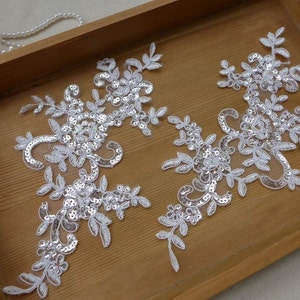 PAIR Bridal Corded Embroidered Lace Applique in Off white with Sequins for Wedding Gown, Bridal Veils, Headpiece