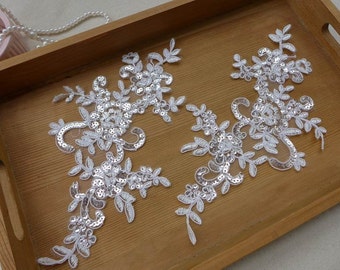 PAIR Bridal Corded Embroidered Lace Applique in Off white with Sequins for Wedding Gown, Bridal Veils, Headpiece
