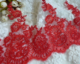 Alencon Lace Red Floral Lace Trim for Bridal, Veils, Sashes, Costume or Jewelry Design