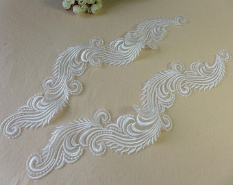 Lace Applique Pair Ivory, Vintage Style Applique, Ivory Bridal Appliques, Wedding Gown Sash Lace Applique