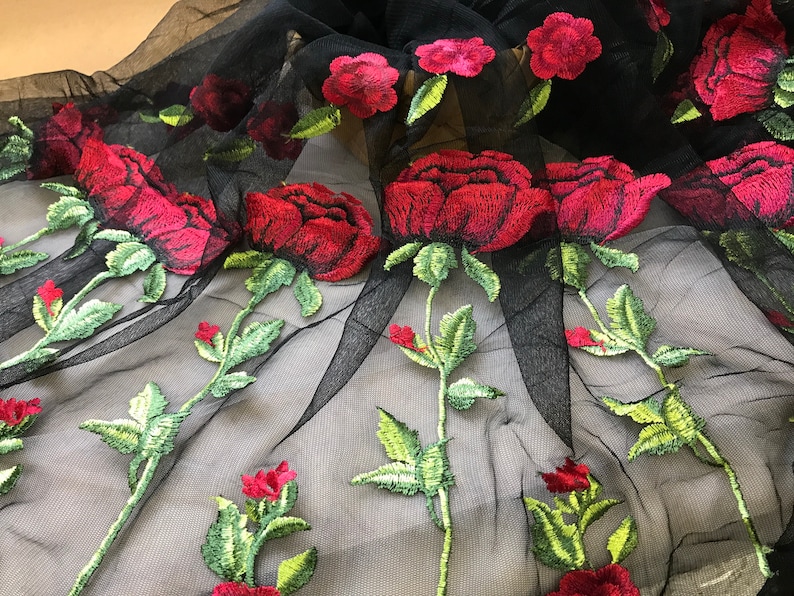 Beautiful Red Rose Flowers Lace Fabric Soft Black Tulle Fabric Etsy