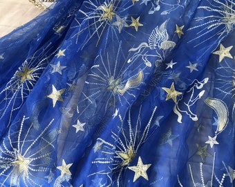Royal blue tulle fabric, gold silver thread embroidery lace fabric, Stars, Moon, Horse Motifs on tulle fabric