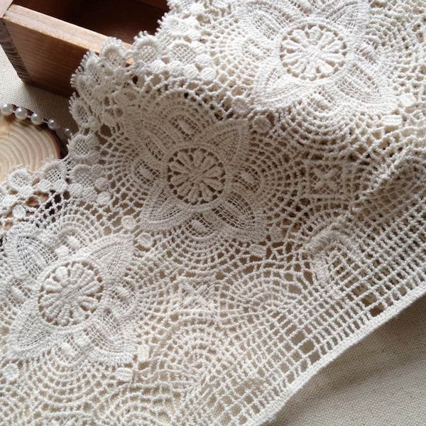 Antique Beige Lace Trim, Vintage Crochet Cotton Lace Trim with Scalloped Edge 6.69 Inches Wide 2 Yards