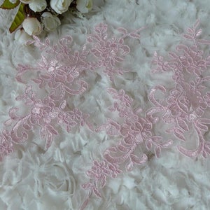 PINK Bridal Alencon Corded Lace Applique ONE Pair for Wedding Gown, Bridal Veils, Headpiece
