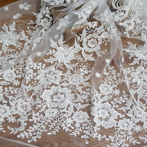 Ivory Floral Fabric Beaded Embroidered Gauze Mesh Fabric with Clear Sequins for Wedding gown, Formal evening dress, Prom dresses