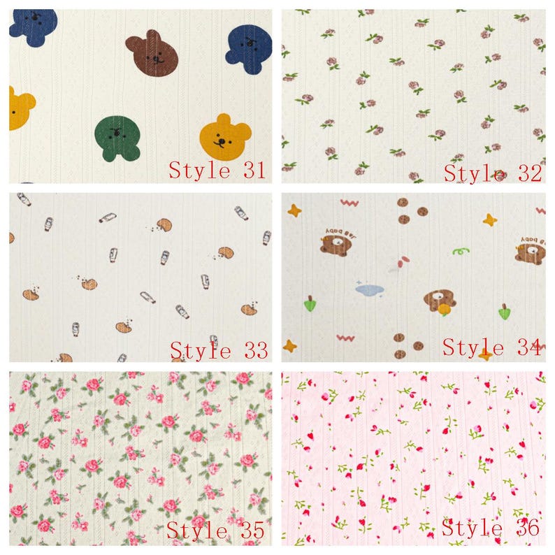 May include: A collection of six fabric swatches featuring various patterns: Style 31 with colorful bear faces, Style 32 with small floral sprigs, Style 33 with tiny food icons, Style 34 with bears and shapes, Style 35 with pink roses, and Style 36 with red flowers.