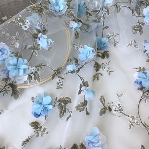 Leaf Printing Organza Fabric with light blue 3d chiffon flower for gowns, tutu dress, prom dress, party