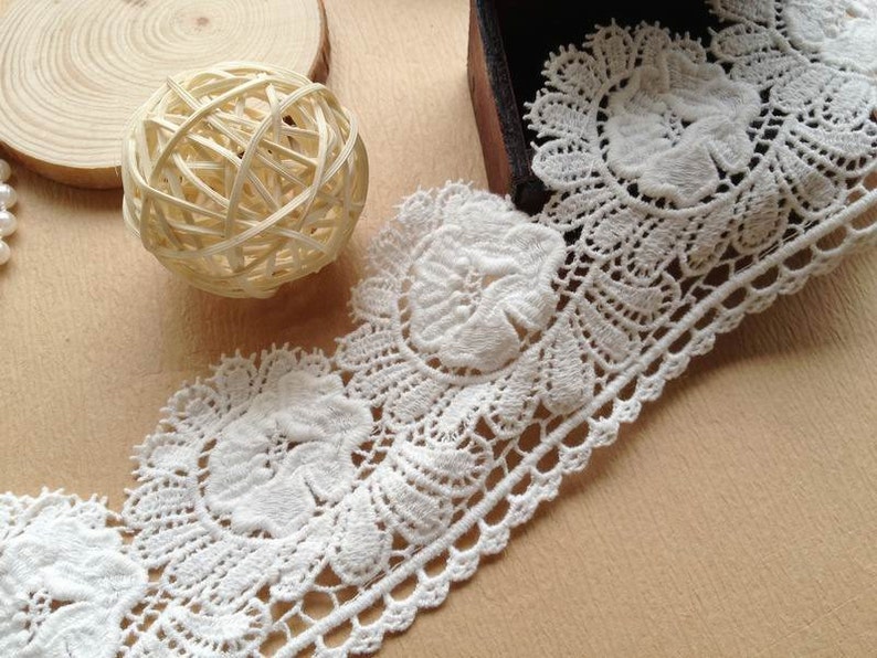 Off White Bridal Lace Fabric Cotton Lace Flower Applique Trim 2.75 inch Wide By The Yard image 4