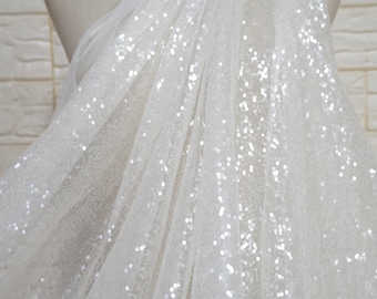 Tissu blanc scintillant en dentelle avec paillettes cristallines pour robe de soirée, robe de bal, cérémonie de mariage