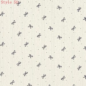 May include: An off-white fabric featuring a repeating pattern of small black bows and tiny dots, organized in vertical columns with subtle ribbed textures. The top left corner displays the red text Style 50.