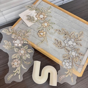 Vintage met pailletten geborduurde Alencon-appliqué, veelkleurige bloem met koord kant lyrische dans, custom, patch couturejurken