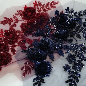 Burgundy / Navy Blue Sequins Flower, 3D Flower Lace Applique for Lyrical Dance, Ballet, Couture Gowns