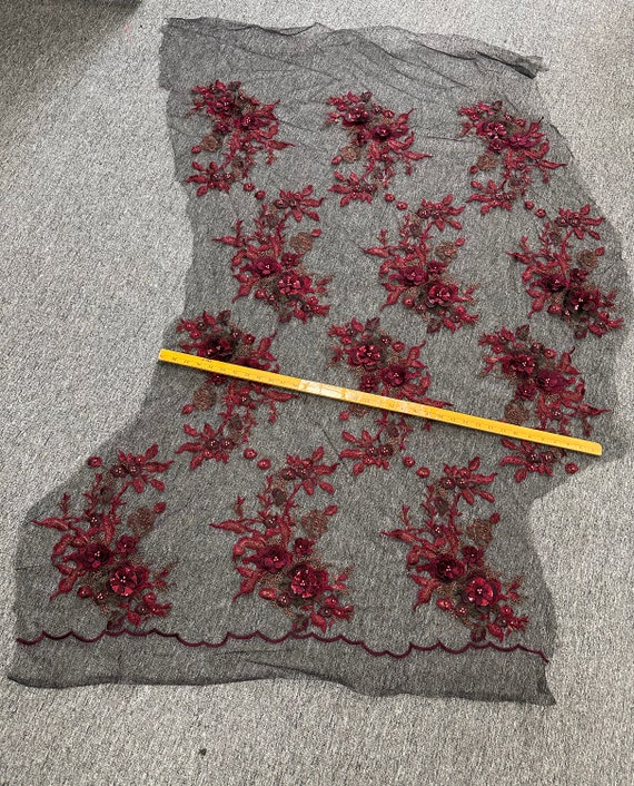Application En Dentelle 3D Bordeaux 36x25 Cm - Tissu Guipure Avec Perles Et Fleurs Pour Robes