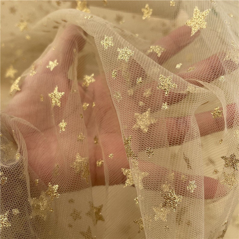 Stars Mesh Fabric, Gold Stars Glitter Print Lace Fabric for Flower Girl Dress, Party Dress, Wedding Decoration image 4