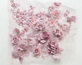 Delicate Beaded Applique, 3D Flowers Sequined Appliques for Bridal Gown, Dance Costumes, Flower Girl Dress