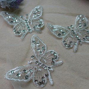 Beaded Applique, Butterfly Lace Applique, Ivory Butterfly Applique, Silver Thread Corded Lace, 3 Pieces