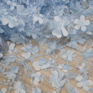 3D Flowers Embroidery Lace Fabric in Off white / Light Blue for Party Dress, Ball Gown, Costumes
