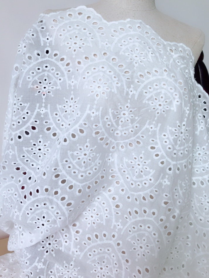 Scallop Pattern Pure cotton lace for Boho Dress Vintage Cotton Eyelet Flower Lace Fabric in Off white Girl Dress Tablecloth or Curtains