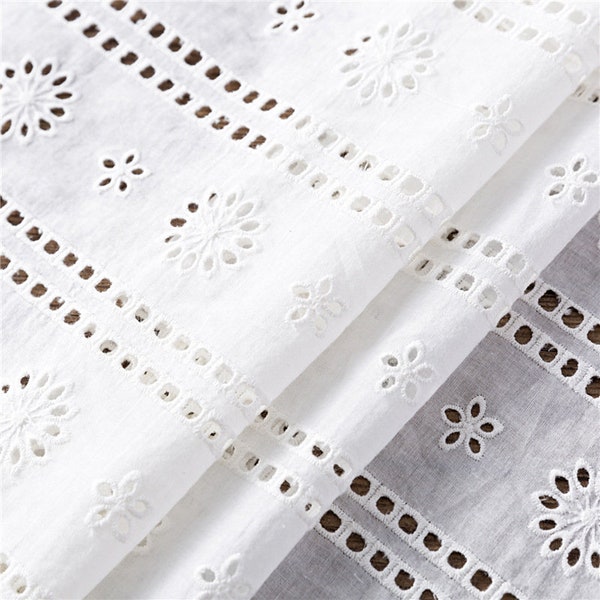 51 inch Off white Cotton Embroidered Eyelet Lace Fabric for Boho Wedding Dress, Shirt Dress, Home décor