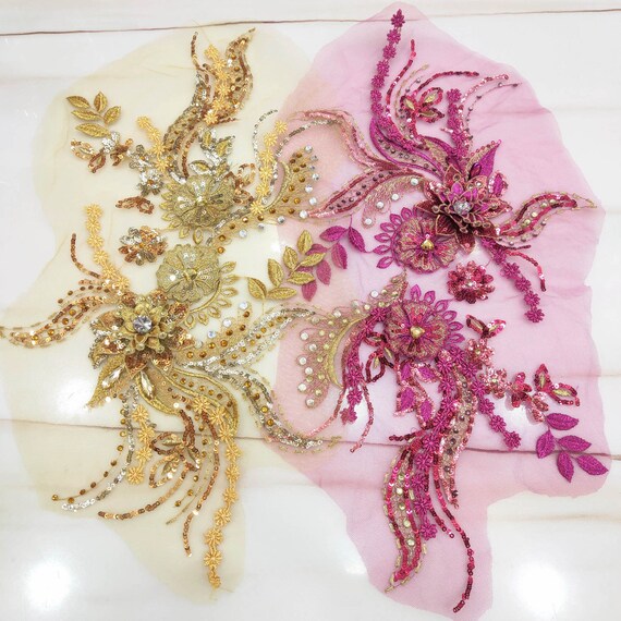 Bridal Lace Beaded Applique Gold Beaded Flower Applique Etsy