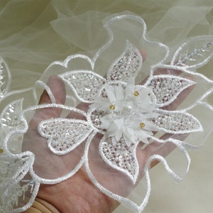 White Beaded 3D Organza Flowers Applique Patch for Party Dress, Jacket, Flower Girl Dress, Dance Costume
