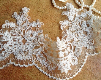 Graceful Ivory Alencon Lace Trim Embroidered Retro Tulle Lace Wedding Veil Bridal Lace Trim