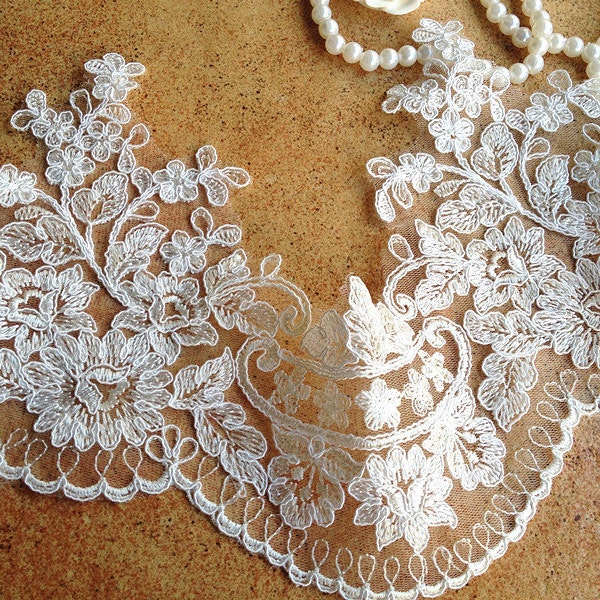 Graceful Ivory Alencon Lace Trim Embroidered Retro Tulle Lace Wedding Veil Bridal Lace Trim