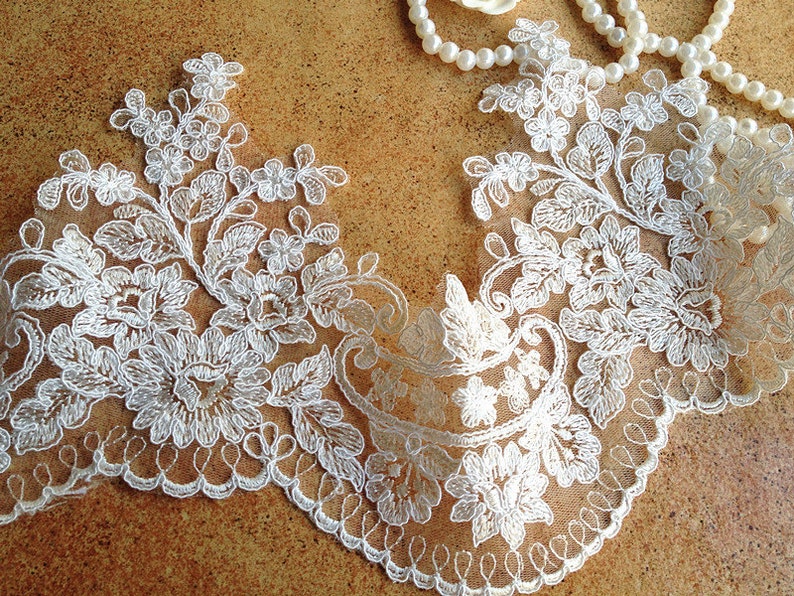 Graceful Ivory Alencon Lace Trim Embroidered Retro Tulle Lace Wedding Veil Bridal Lace Trim image 1